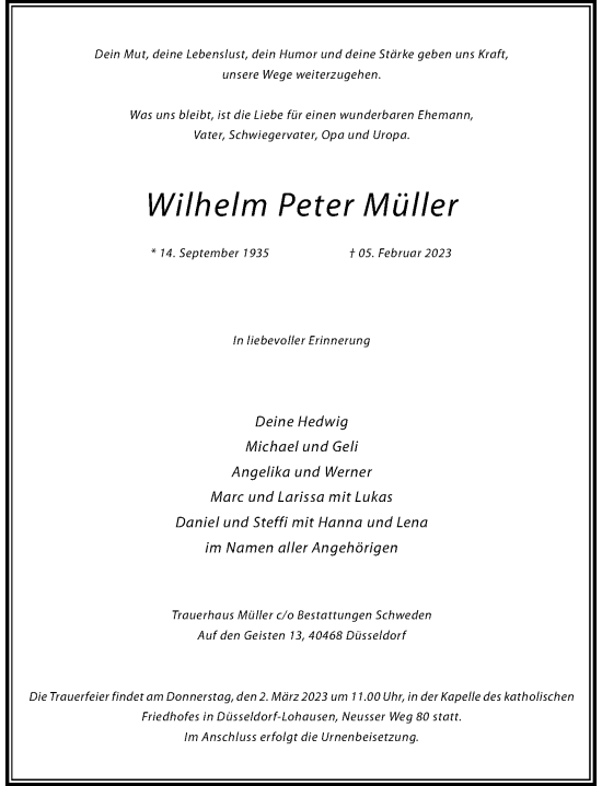 Traueranzeige von Wilhelm Peter Müller von Rheinische Post