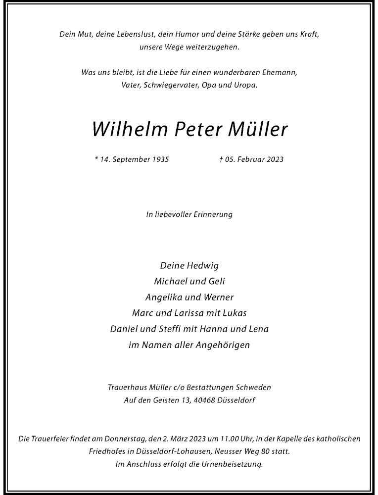  Traueranzeige für Wilhelm Peter Müller vom 18.02.2023 aus Rheinische Post