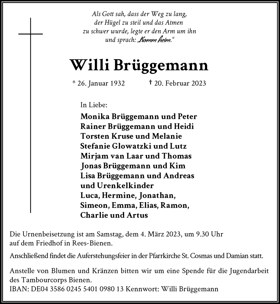  Traueranzeige für Willi Brüggemann vom 25.02.2023 aus Rheinische Post