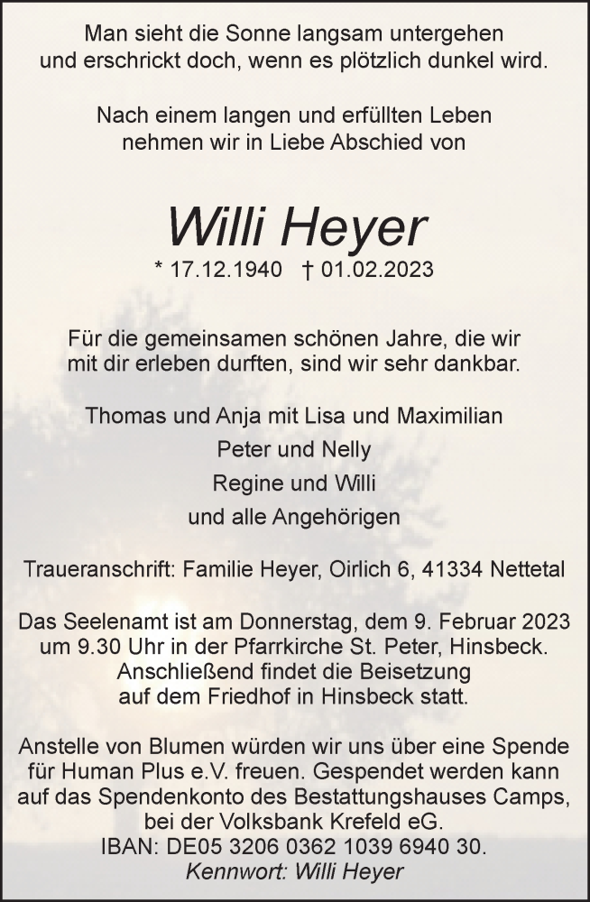  Traueranzeige für Willi Heyer vom 04.02.2023 aus Rheinische Post