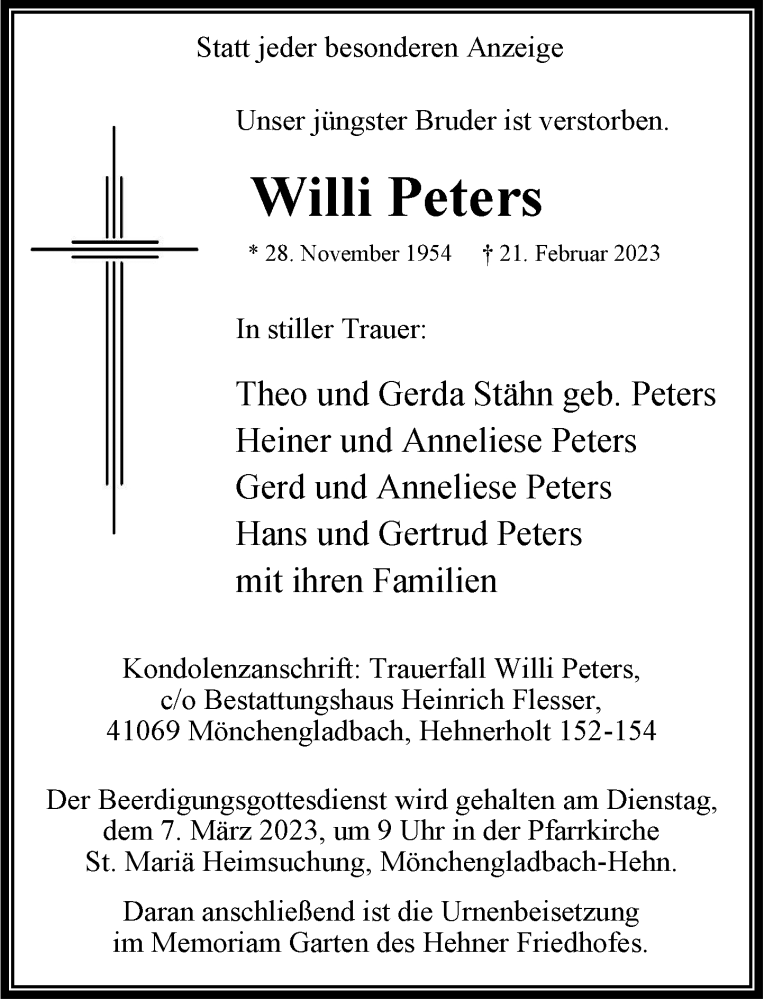 Traueranzeige für Willi Peters vom 04.03.2023 aus Rheinische Post