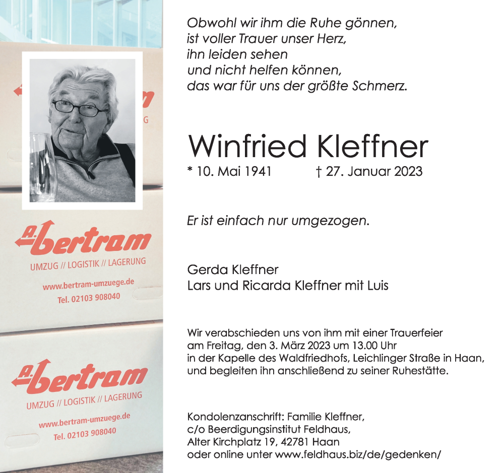  Traueranzeige für Winfried Kleffner vom 18.02.2023 aus Rheinische Post