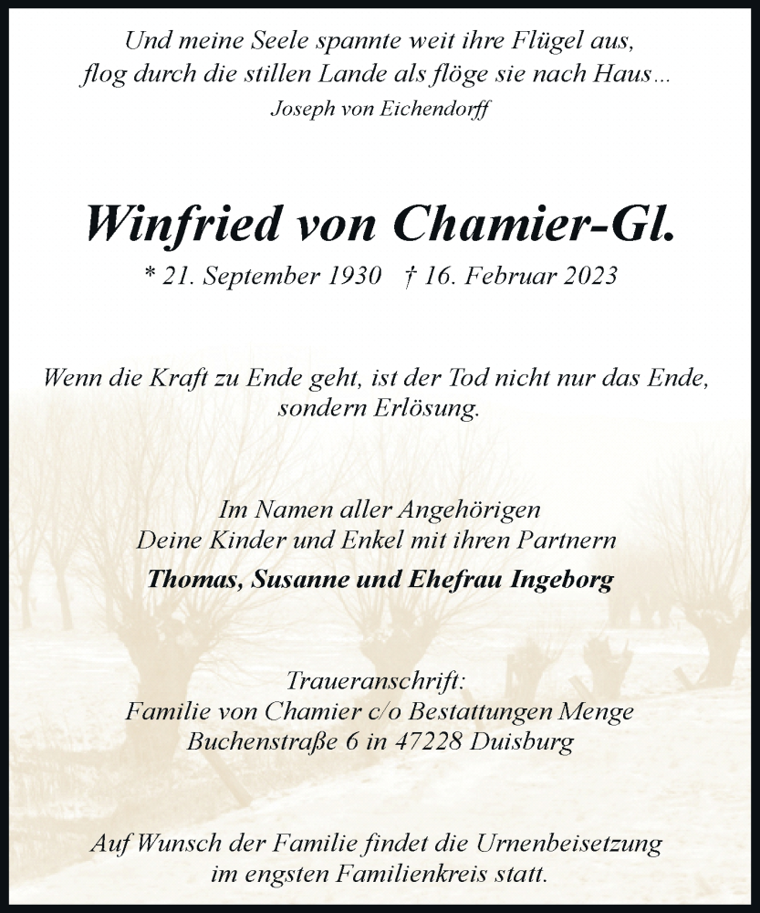  Traueranzeige für Winfried von Chamier-Gl. vom 04.03.2023 aus Rheinische Post