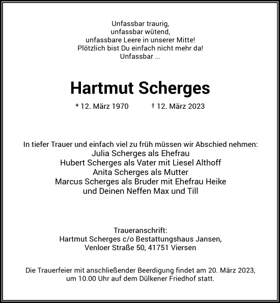 Traueranzeige von Hartmut Scherges von Rheinische Post
