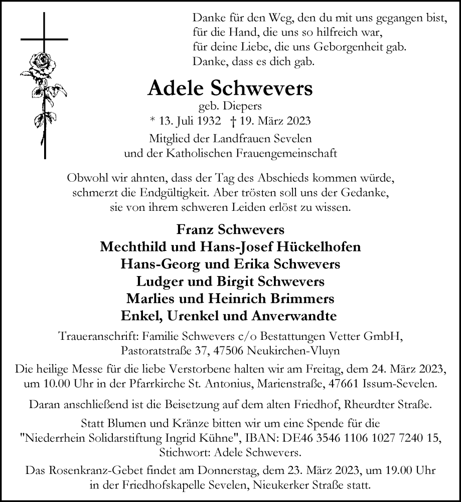  Traueranzeige für Adele Schwevers vom 22.03.2023 aus Rheinische Post
