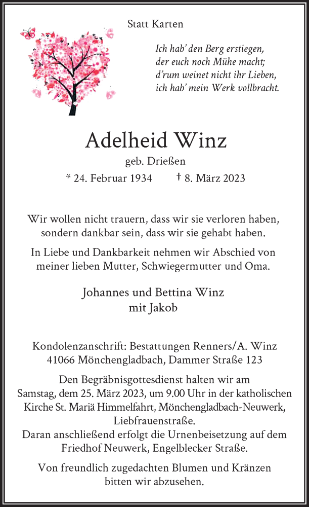  Traueranzeige für Adelheid Winz vom 18.03.2023 aus Rheinische Post
