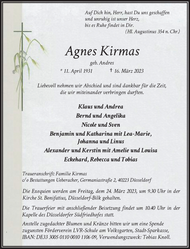  Traueranzeige für Agnes Kirmas vom 18.03.2023 aus Rheinische Post