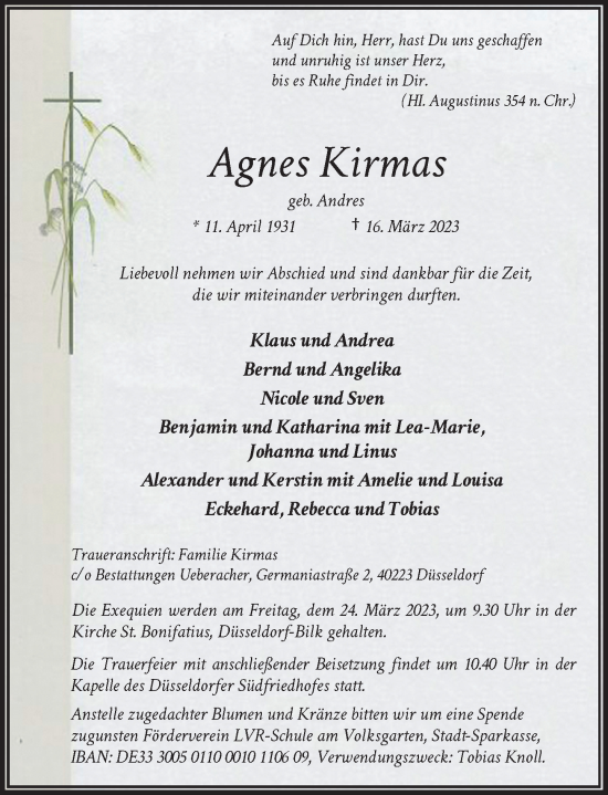 Traueranzeige von Agnes Kirmas von Rheinische Post