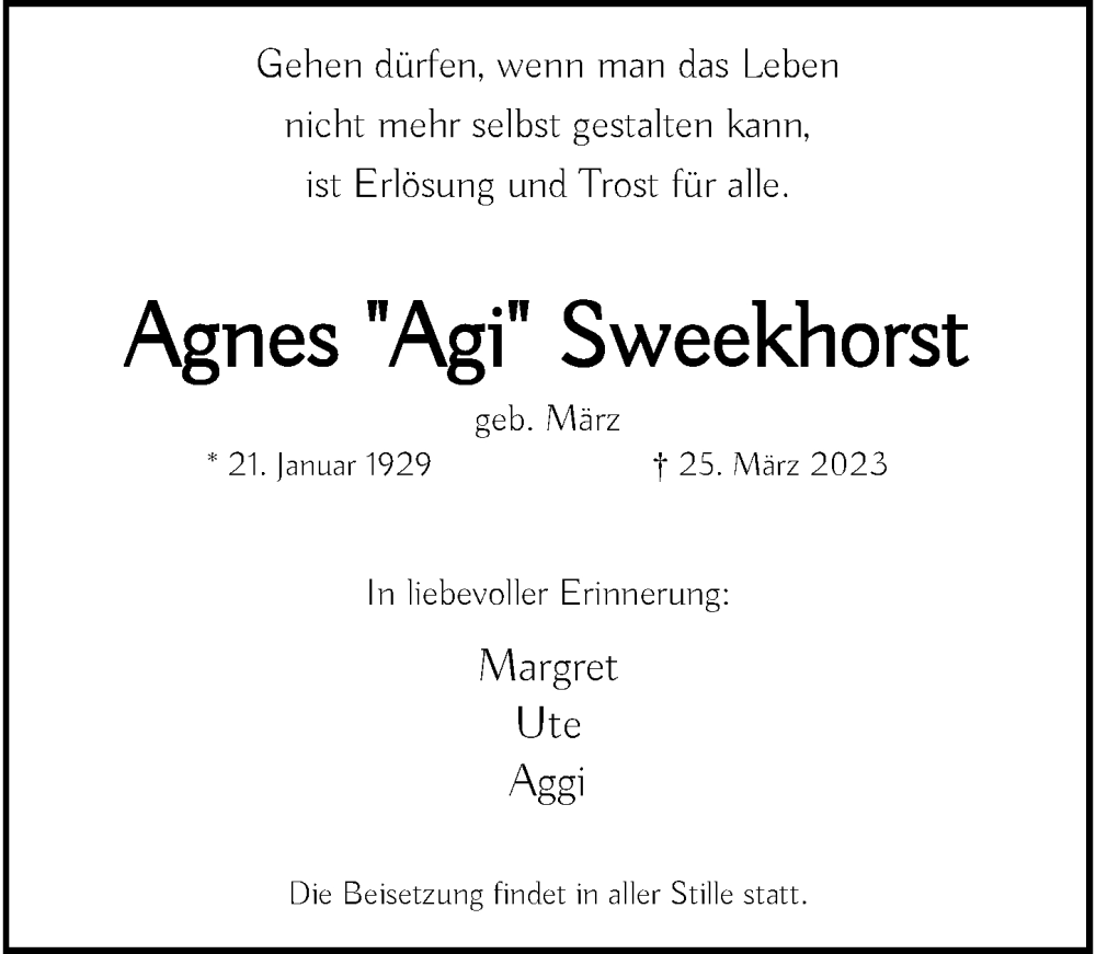  Traueranzeige für Agnes Sweekhorst vom 01.04.2023 aus Rheinische Post