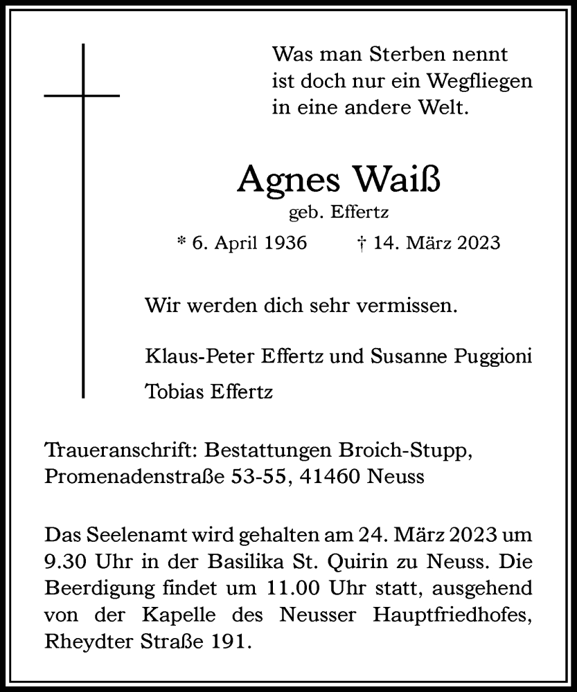  Traueranzeige für Agnes Waiß vom 18.03.2023 aus Rheinische Post
