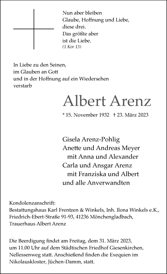 Traueranzeige von Albert Arenz von Rheinische Post