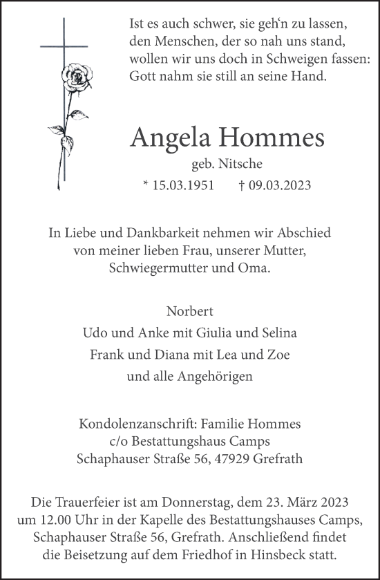 Traueranzeige von Angela Hommes von Rheinische Post