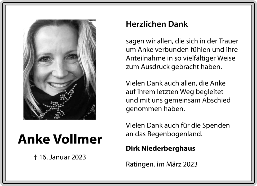  Traueranzeige für Anke Vollmer vom 11.03.2023 aus Rheinische Post