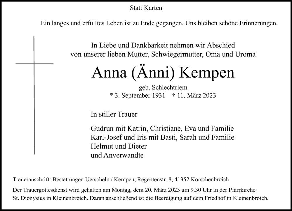  Traueranzeige für Anna  Kempen vom 18.03.2023 aus Rheinische Post