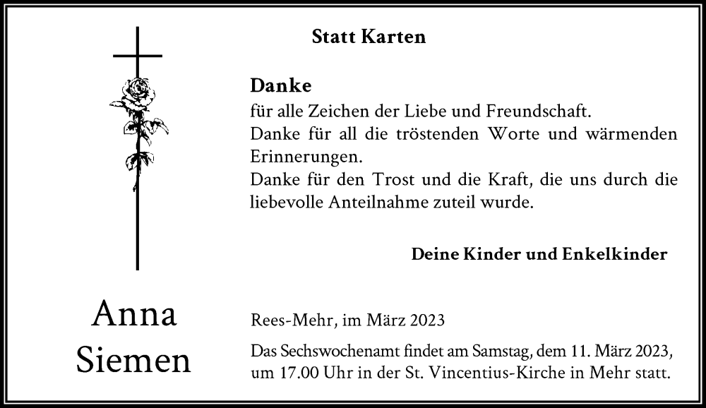  Traueranzeige für Anna Siemen vom 04.03.2023 aus Rheinische Post