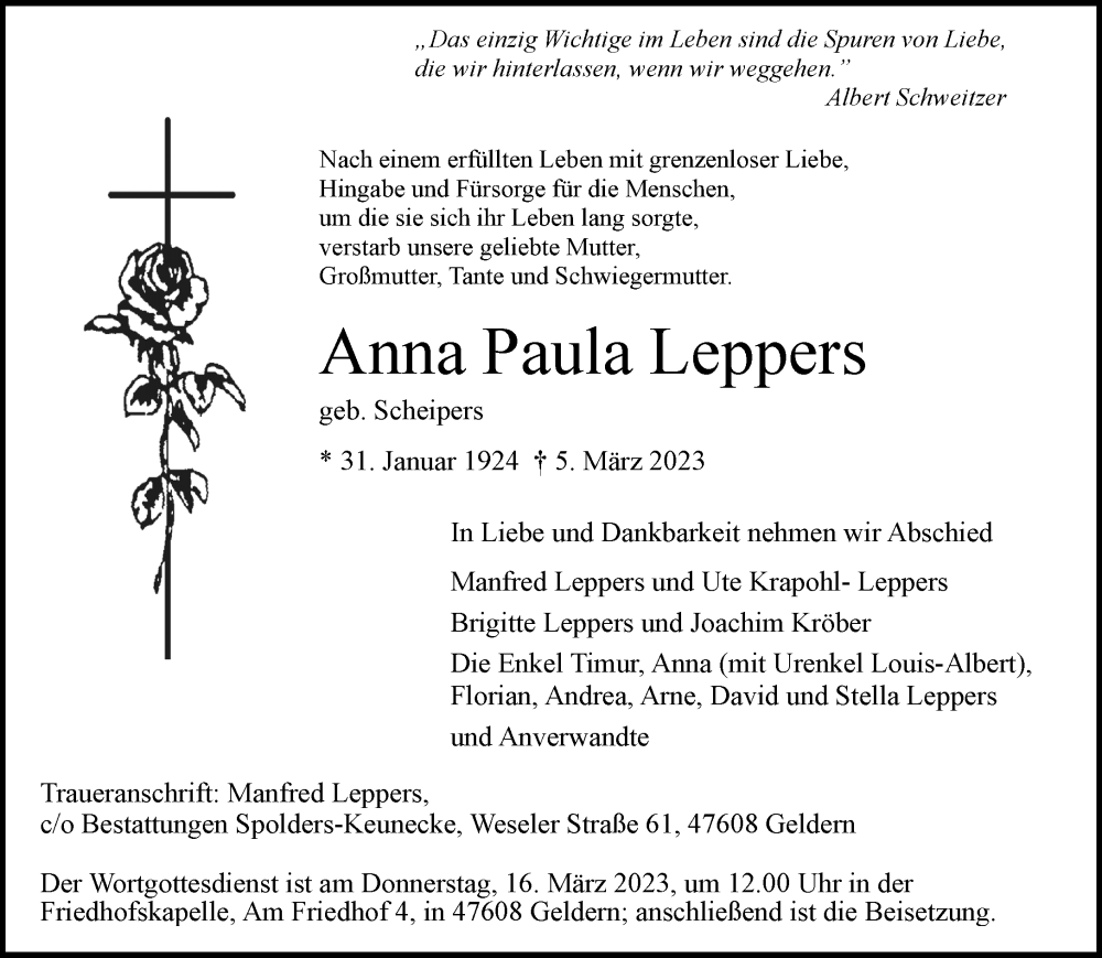  Traueranzeige für Anna Paula Leppers vom 11.03.2023 aus Rheinische Post