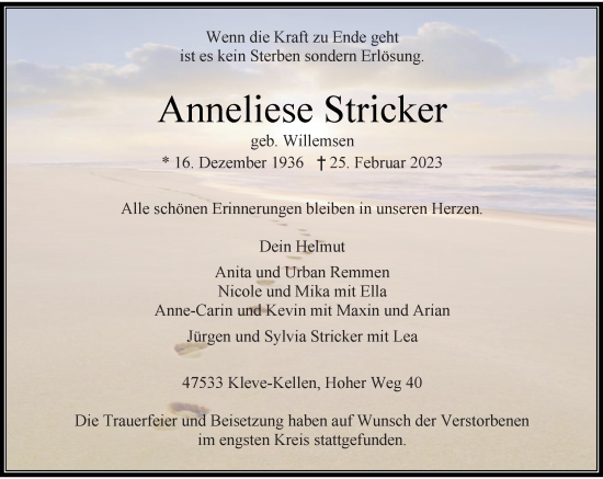 Traueranzeige von Anneliese Stricker von Rheinische Post