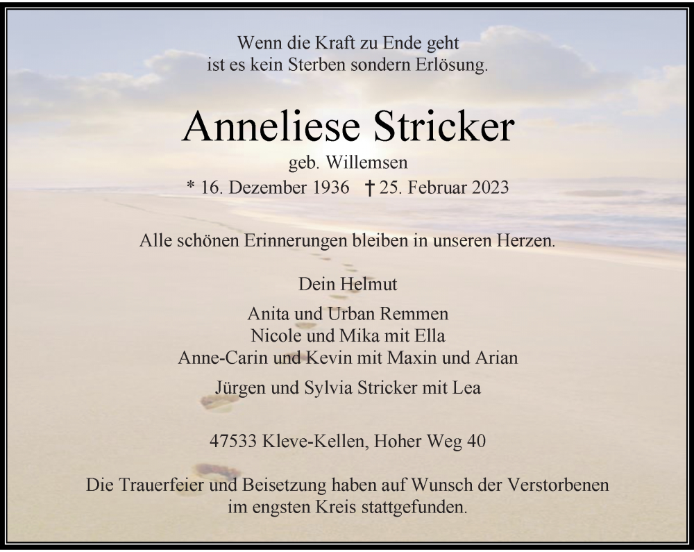  Traueranzeige für Anneliese Stricker vom 22.03.2023 aus Rheinische Post