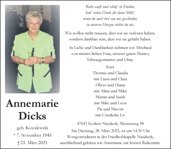 Traueranzeige von Annemarie Dicks von Rheinische Post