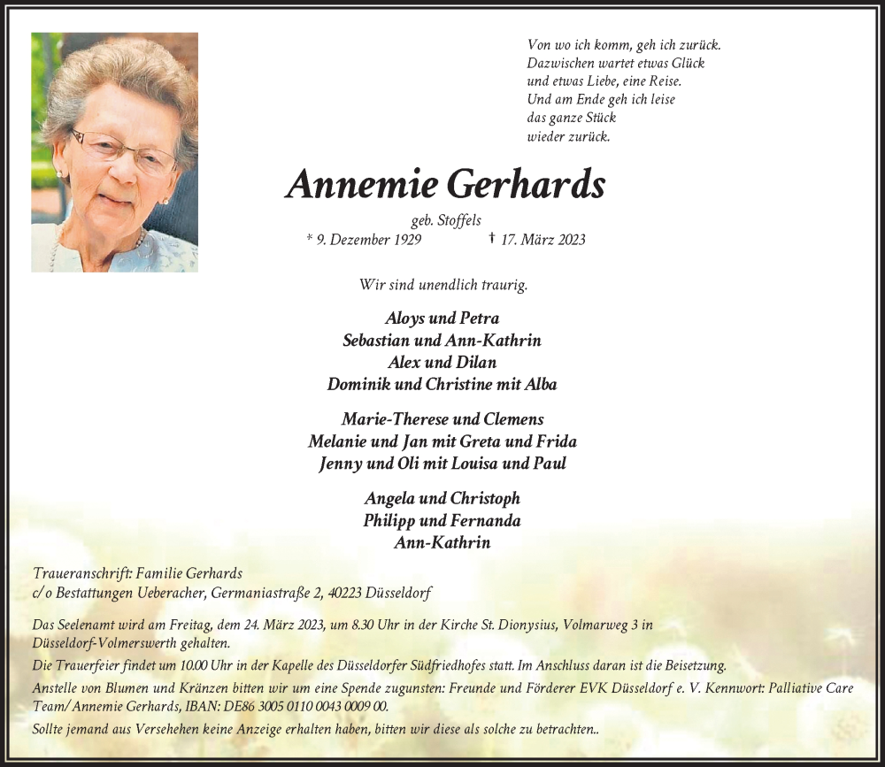  Traueranzeige für Annemie Gerhards vom 22.03.2023 aus Rheinische Post