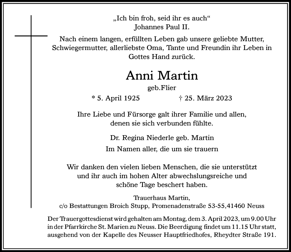  Traueranzeige für Anni Martin vom 29.03.2023 aus Rheinische Post