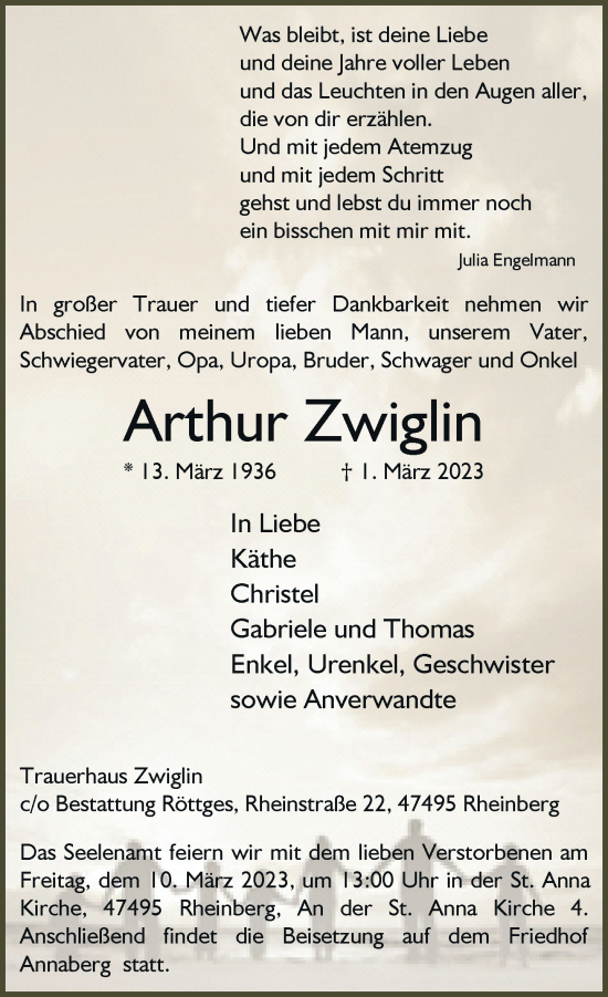 Traueranzeige von Arthur Zwiglin von Rheinische Post