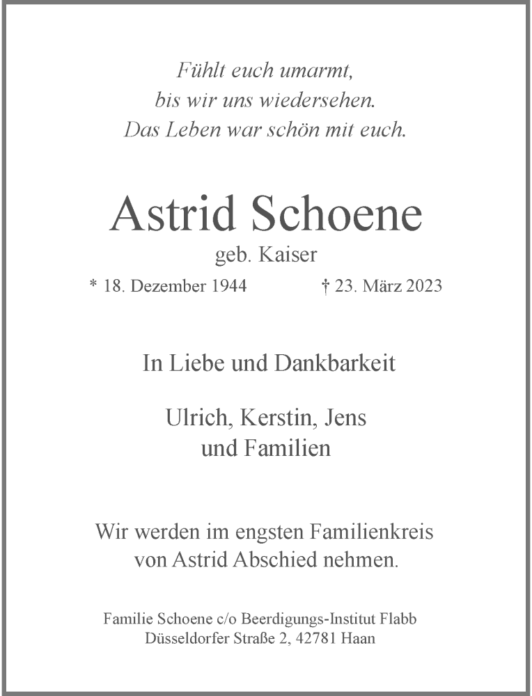  Traueranzeige für Astrid Schoene vom 01.04.2023 aus Rheinische Post