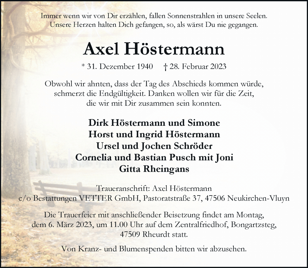  Traueranzeige für Axel Höstermann vom 02.03.2023 aus Rheinische Post