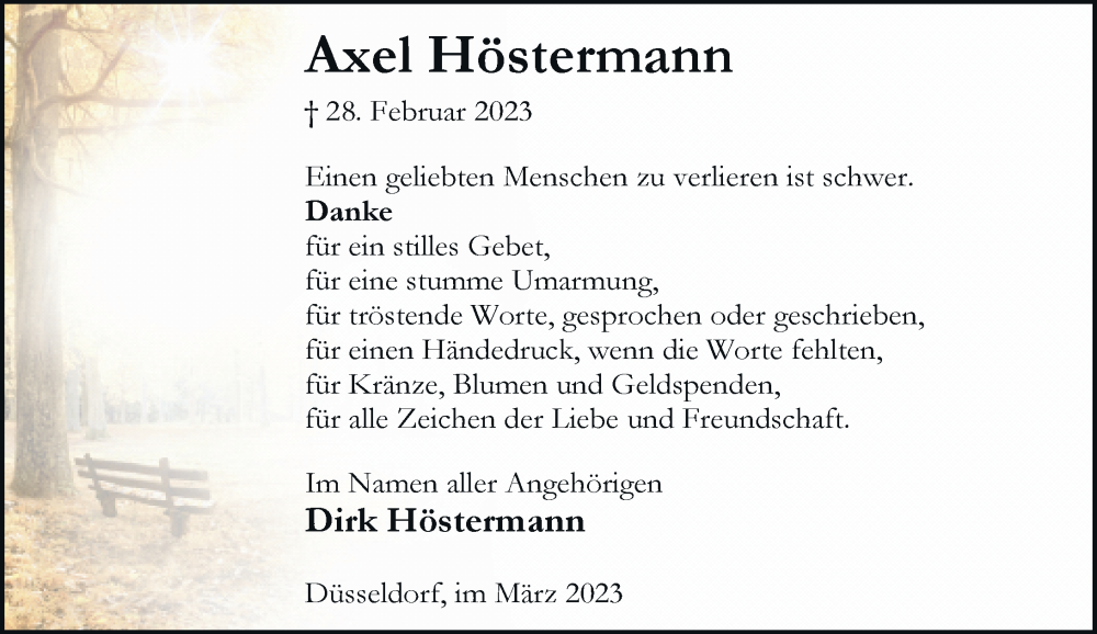  Traueranzeige für Axel Höstermann vom 23.03.2023 aus Rheinische Post