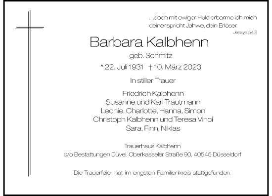 Traueranzeige von Barbara Kalbhenn von Rheinische Post