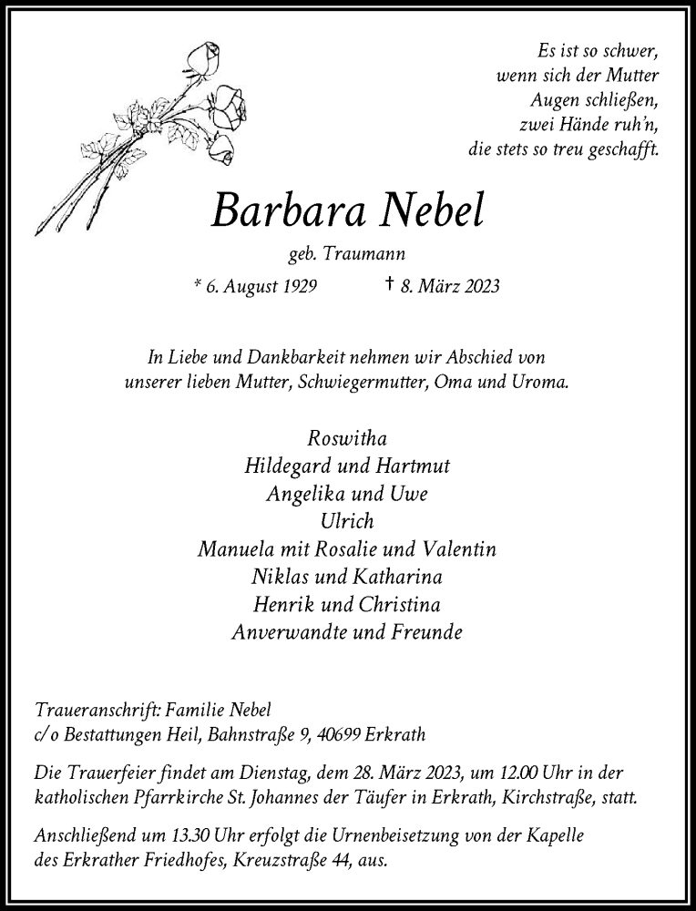  Traueranzeige für Barbara Nebel vom 18.03.2023 aus Rheinische Post