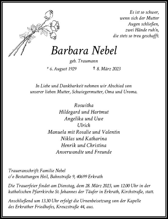 Traueranzeige von Barbara Nebel von Rheinische Post