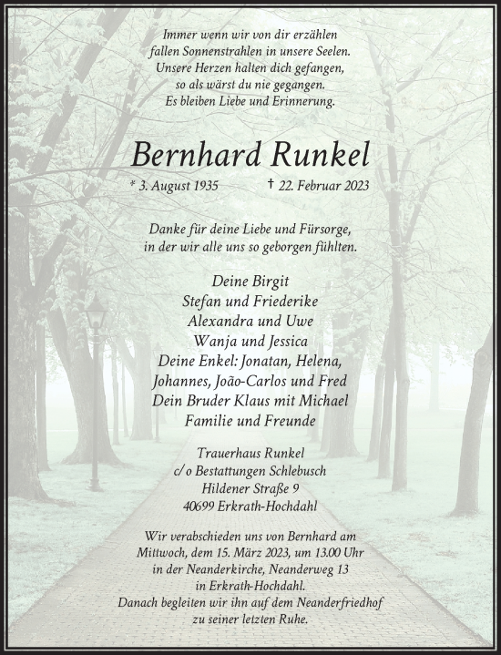 Traueranzeige von Bernhard Runkel von Rheinische Post