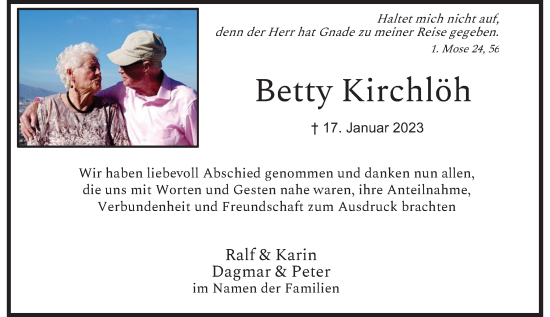 Traueranzeige von Betty Kirchlöh von Rheinische Post