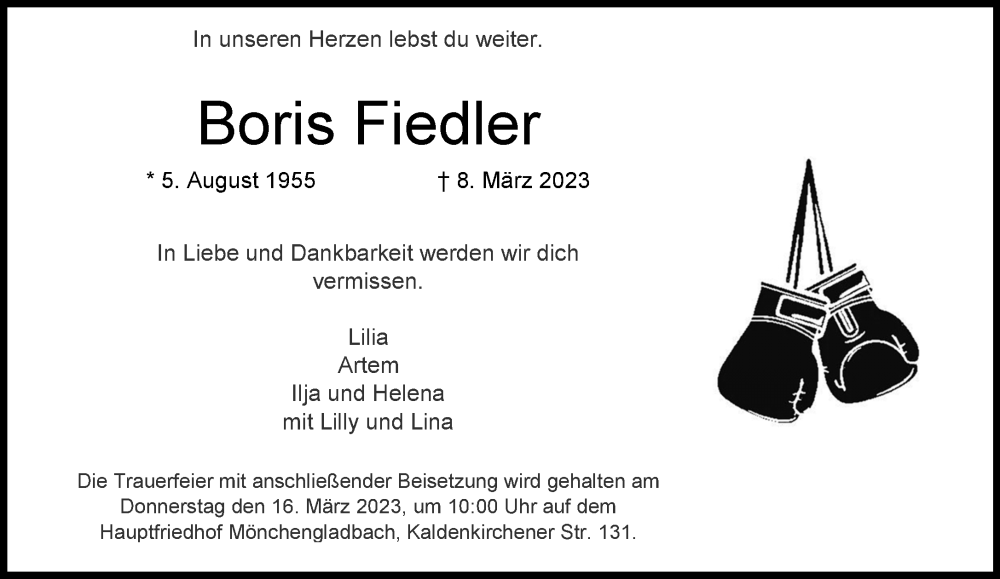  Traueranzeige für Boris Fiedler vom 11.03.2023 aus Rheinische Post