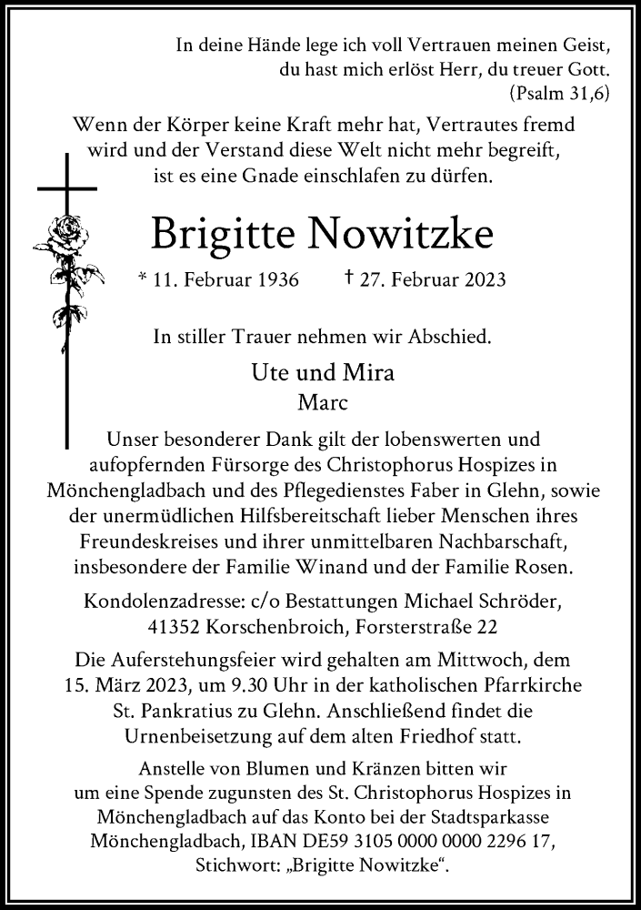  Traueranzeige für Brigitte Nowitzke vom 11.03.2023 aus Rheinische Post