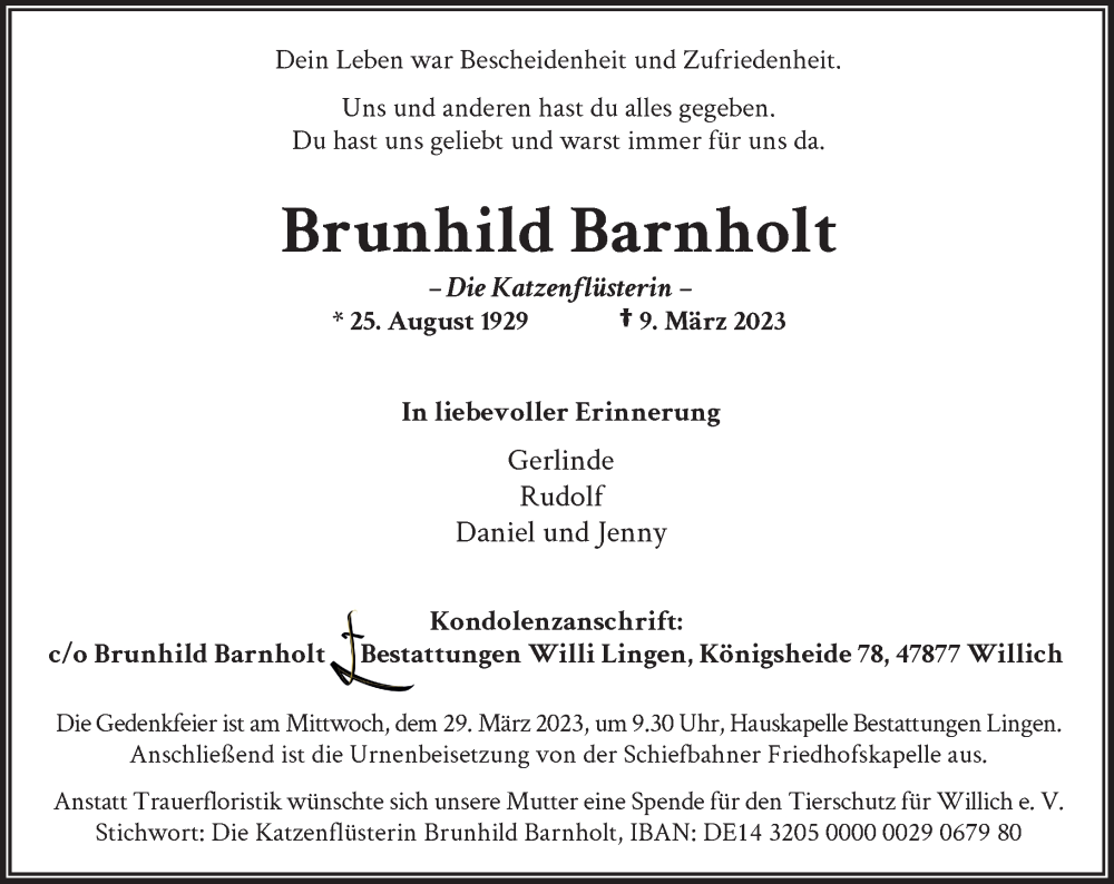  Traueranzeige für Brunhild Barnholt vom 18.03.2023 aus Rheinische Post