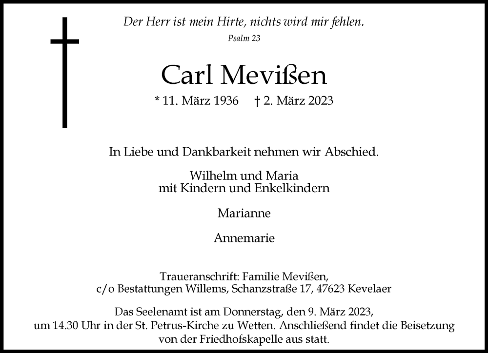  Traueranzeige für Carl Mevißen vom 07.03.2023 aus Rheinische Post