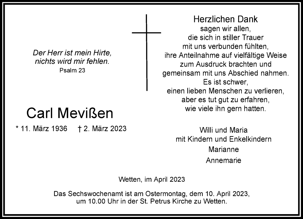  Traueranzeige für Carl Mevißen vom 01.04.2023 aus Rheinische Post
