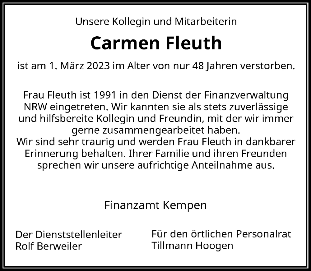  Traueranzeige für Carmen Fleuth vom 11.03.2023 aus Rheinische Post