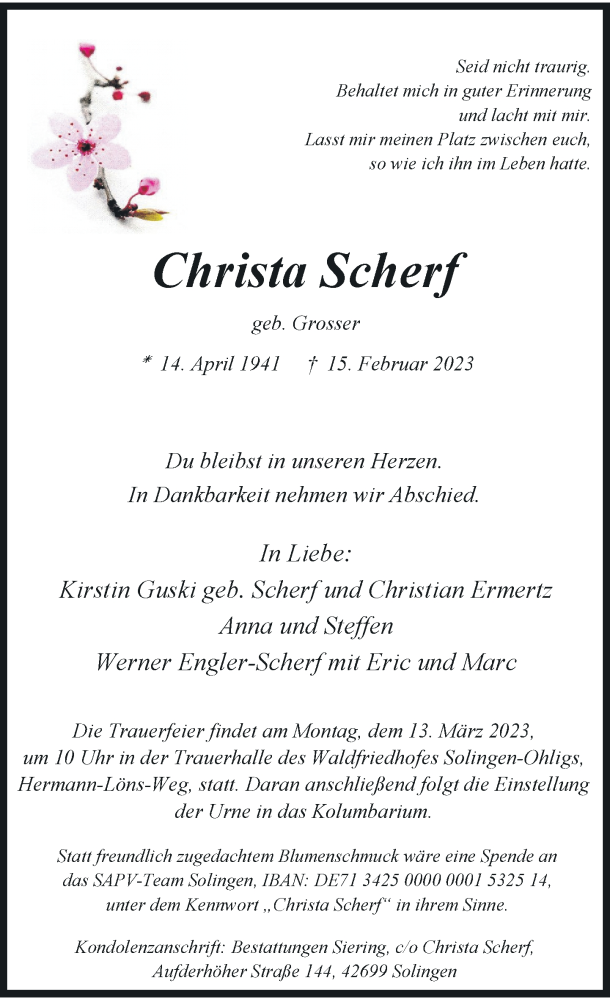  Traueranzeige für Christa Scherf vom 04.03.2023 aus Rheinische Post