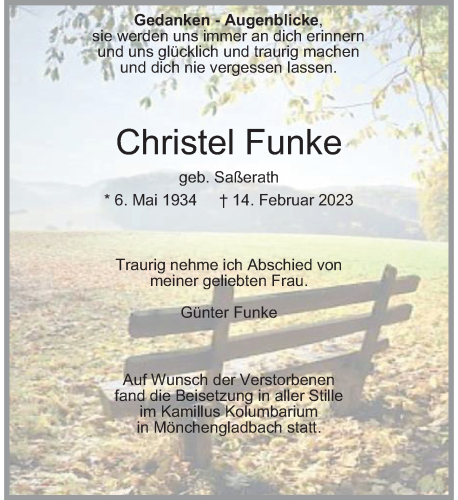  Traueranzeige für Christel Funke vom 11.03.2023 aus Rheinische Post