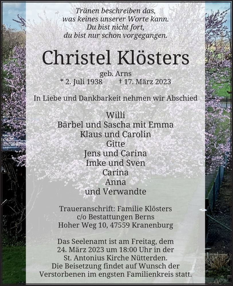  Traueranzeige für Christel Klösters vom 22.03.2023 aus Rheinische Post