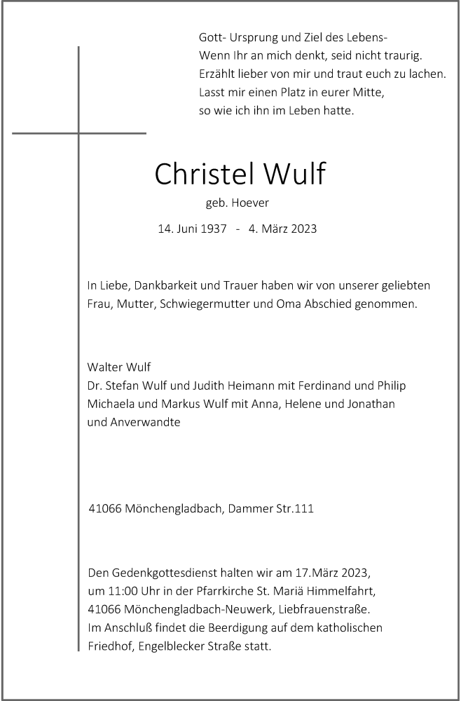  Traueranzeige für Christel Wulf vom 11.03.2023 aus Rheinische Post