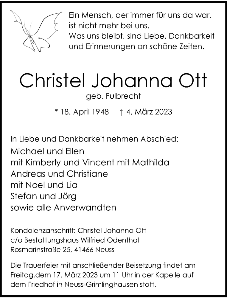  Traueranzeige für Christel Johanna Ott vom 11.03.2023 aus Rheinische Post