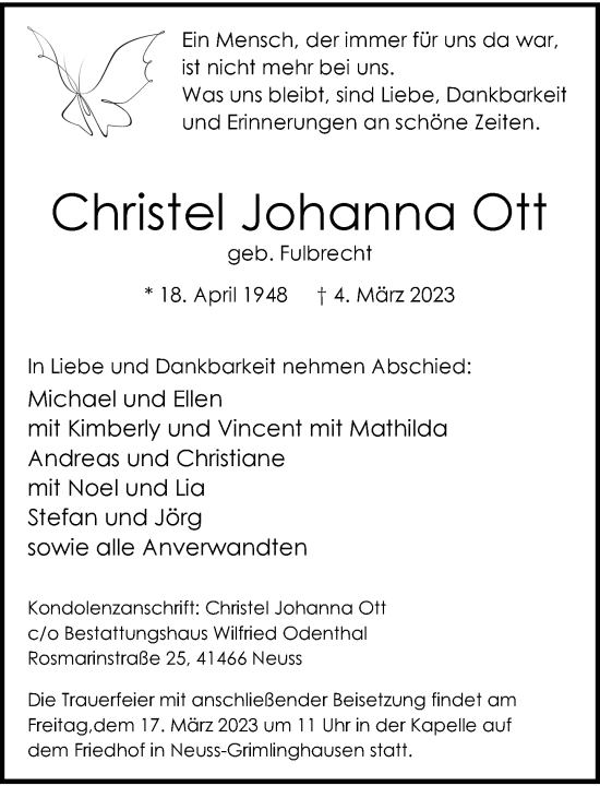 Traueranzeige von Christel Johanna Ott von Rheinische Post