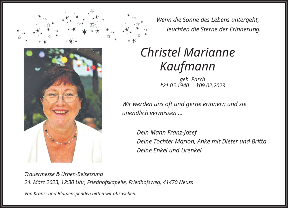  Traueranzeige für Christel Marianne Kaufmann vom 11.03.2023 aus Rheinische Post
