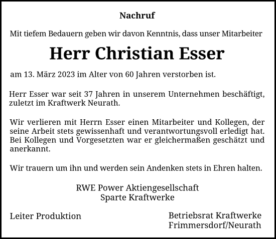 Traueranzeige von Christian Esser von Rheinische Post