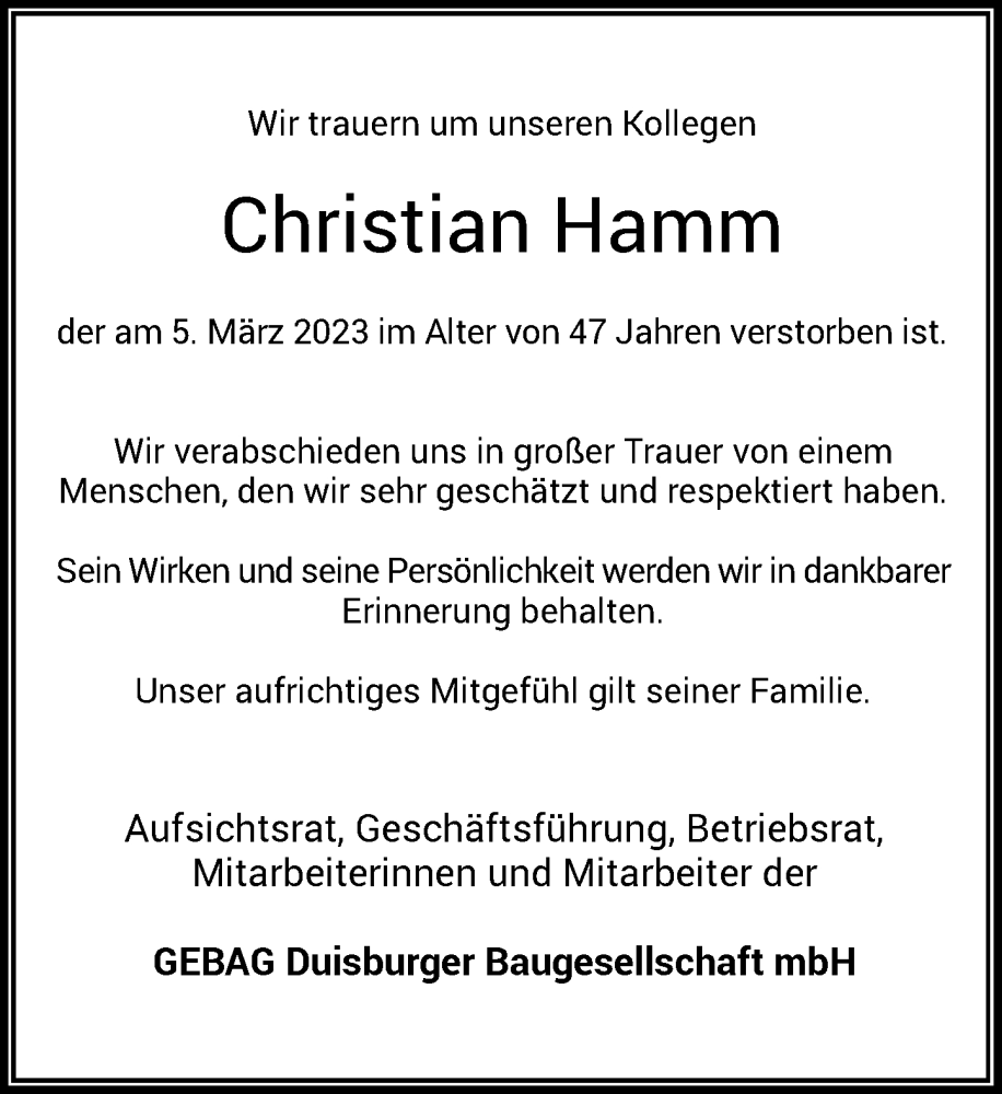  Traueranzeige für Christian Hamm vom 11.03.2023 aus Rheinische Post
