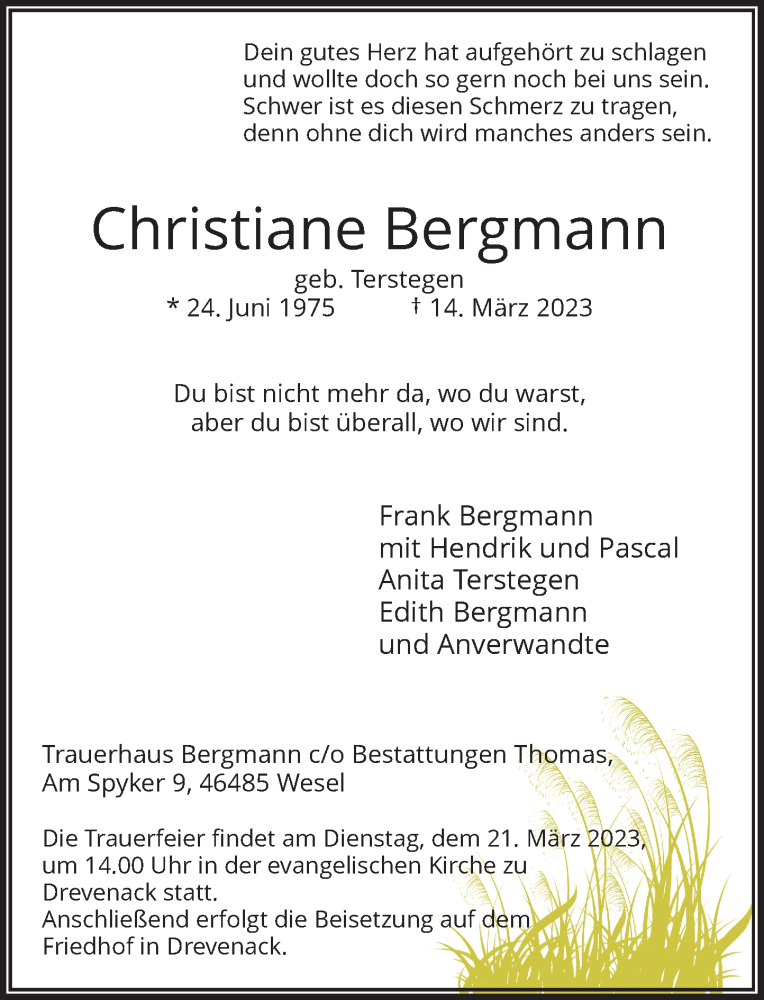  Traueranzeige für Christiane Bergmann vom 18.03.2023 aus Rheinische Post